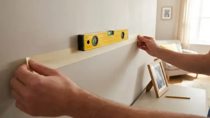 Truco usando cinta de carrocero y un nivel de burbuja para marcar los agujeros de un cuadro en la pared