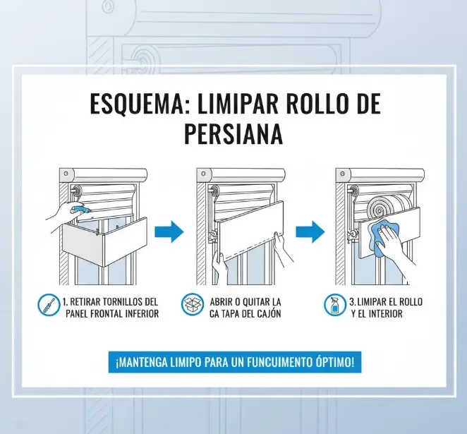 Esquema de cómo abrir el cajón de la persiana para limpiar el rollo