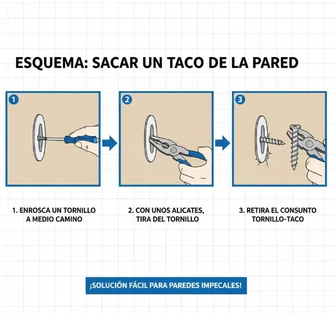 Secuencia de imágenes mostrando cómo sacar un taco de la pared con un tornillo