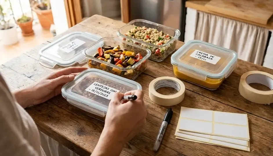 Etiquetado de tuppers con fecha y contenido para batch cooking