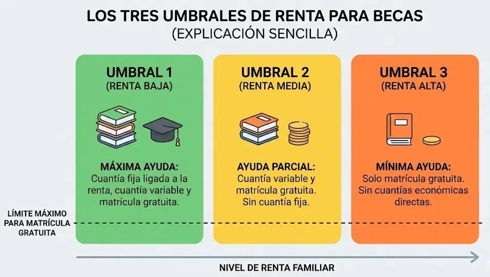 Gráfico explicativo sencillo de los tres umbrales de renta para becas