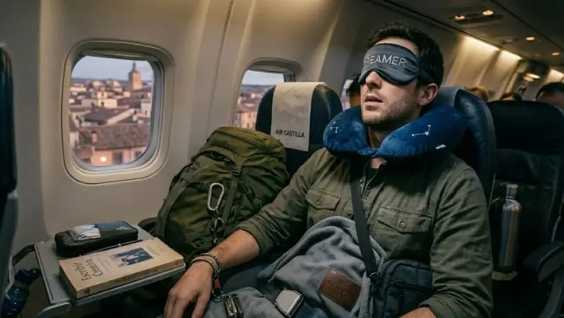 Viajero durmiendo plácidamente en el asiento de un avión usando una almohada cervical viscoelástica y un antifaz 3D